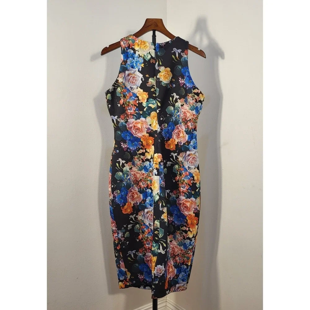 New York & Company Floral Sheath Dress Womens L Black Pink Yellow Stretch Knee